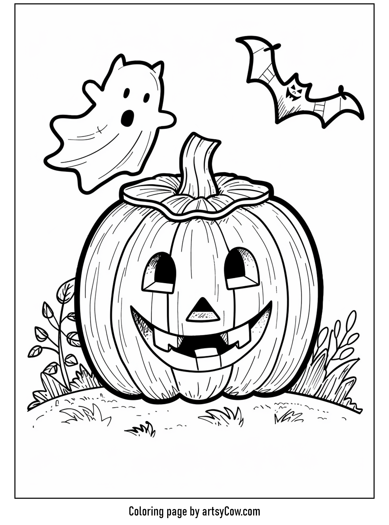 halloween pumpkin drawings for kids, featuring a cheerful pumpkin with a playful ghost and flying bat, designed to engage and spark creativity in children